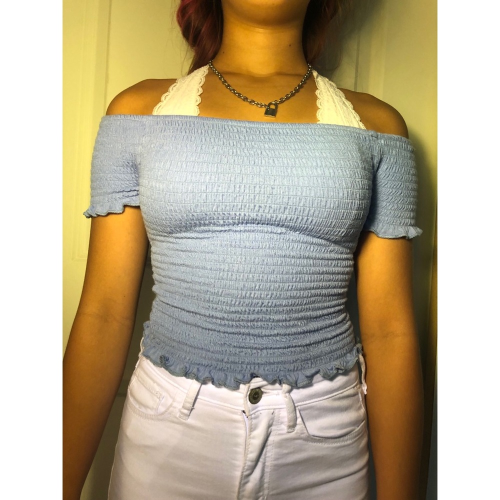 Light Blue Off The Shoulder Crop Top